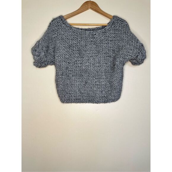 Anthropologie Kenji Gray Chunky Knit Crop Short Sleeve Top Size Large - Picture 3 of 5